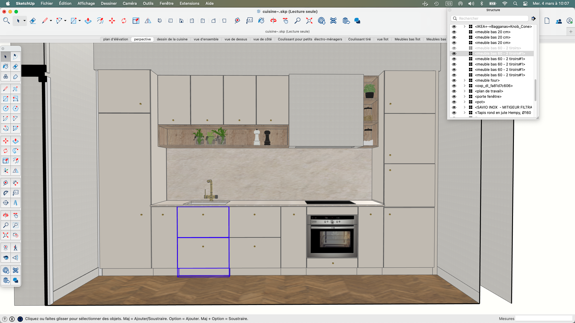 Composants SketchUp, répétition meubles de cuisine-