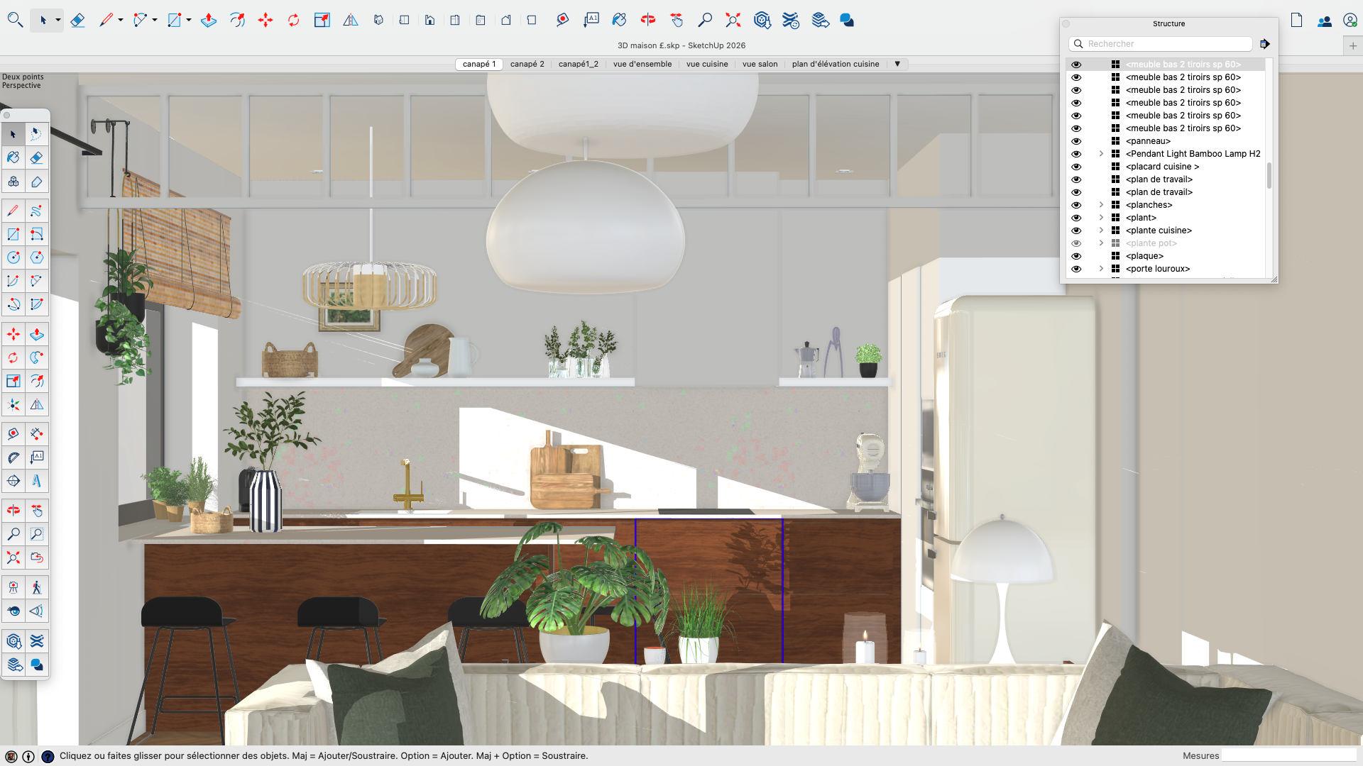 Organisation d'un modèle SketchUp avec groupes et composants pour projet d'architecture d'intérieur