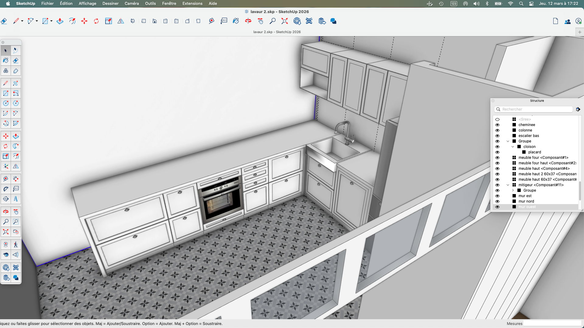 Modélisation 3D d'une cuisine dans SketchUp avant l'application des matériaux