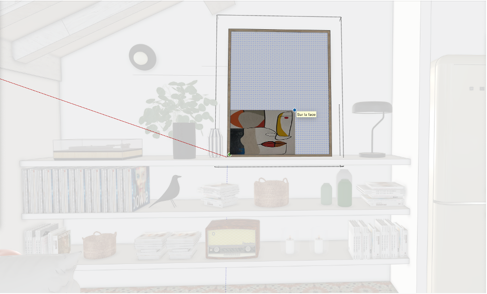 Importation d'une image comme texture dans SketchUp pour créer un tableau décoratif dans un projet de décoration d'intérieure.