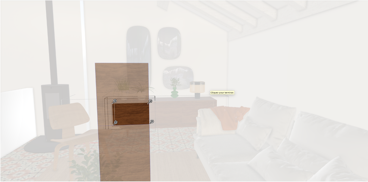 Positionnement d'une texture dans SketchUp avec l'outil position pour ajuster l'orientation d'un matériau en décoration intérieure.