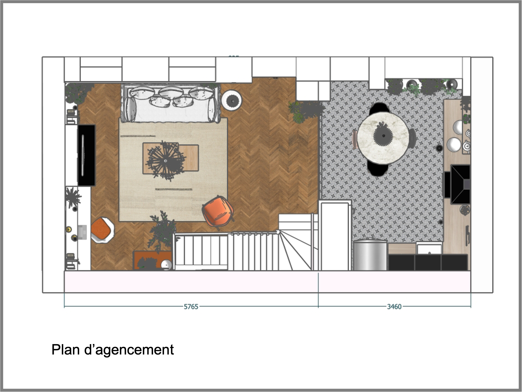plan d'agencement d'un espace de vie réalisé sur SketchUp dans le cadre d'une formation Sketchup Montpellier