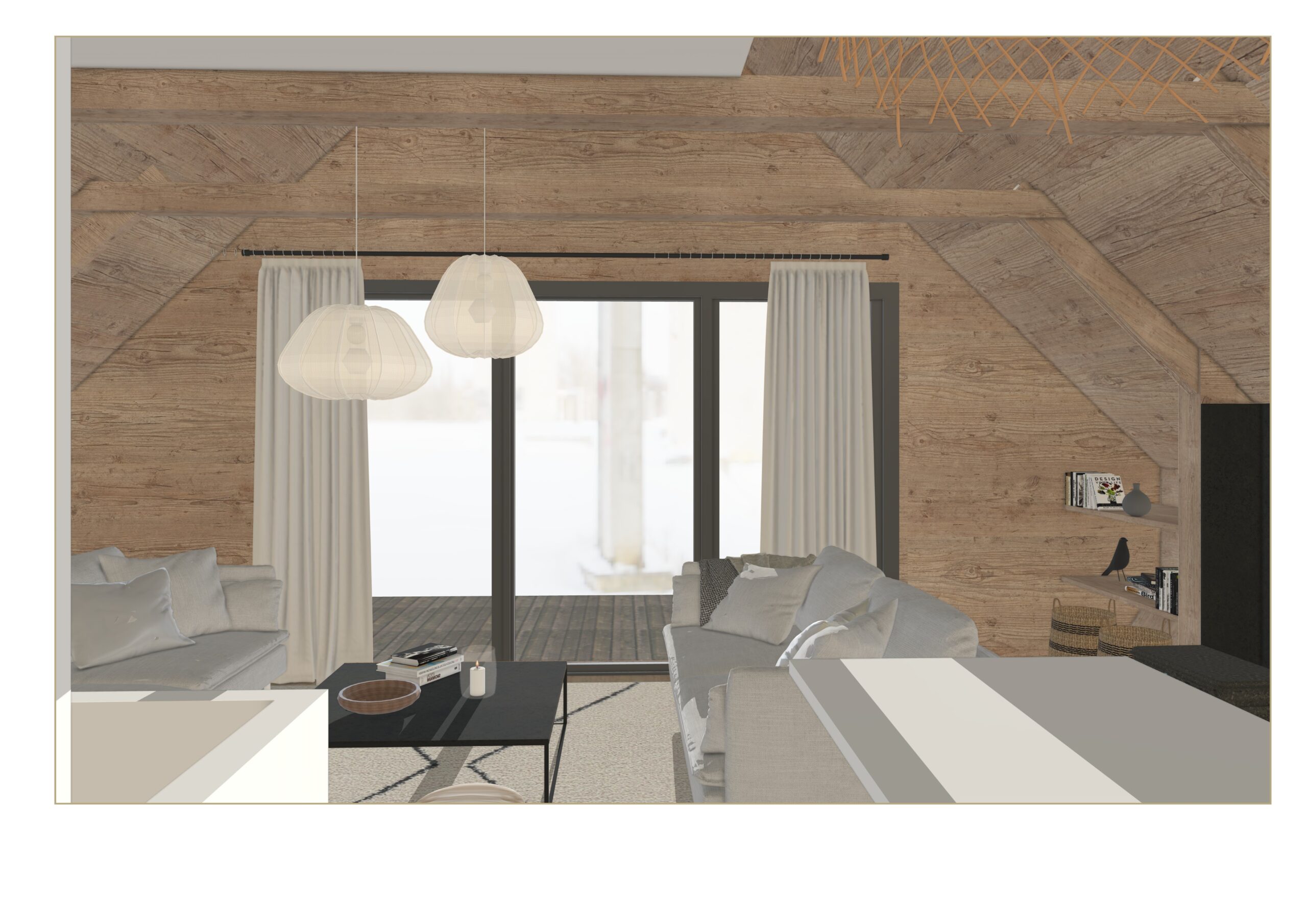 Salon de chalet réaménagé avec deux canapés, bois clair, grande baie vitrée et ambiance chaleureuse