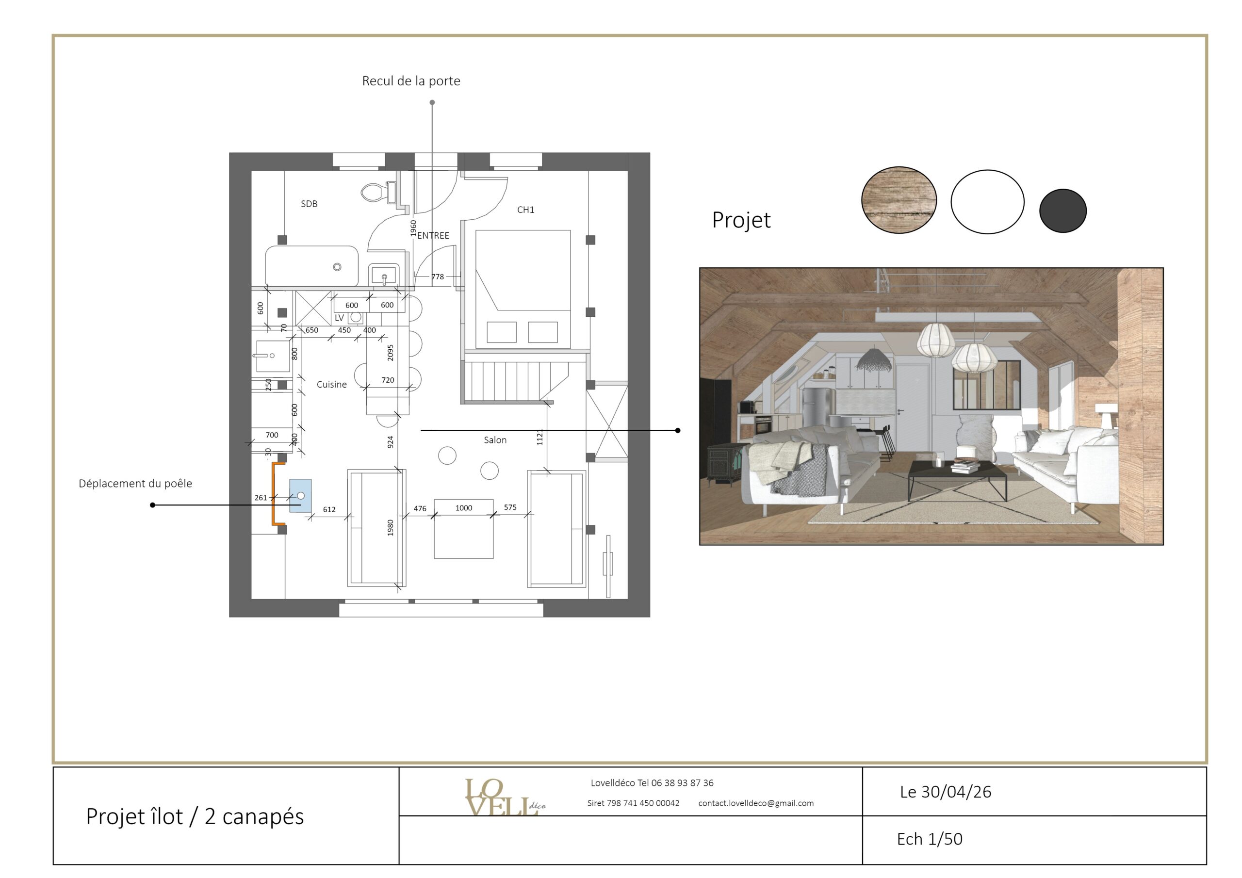 Plan projet de rénovation d'une pièce à vivre de chalet avec recul de cloison, cuisine agrandie, îlot central, poêle déplacé et deux canapés.
