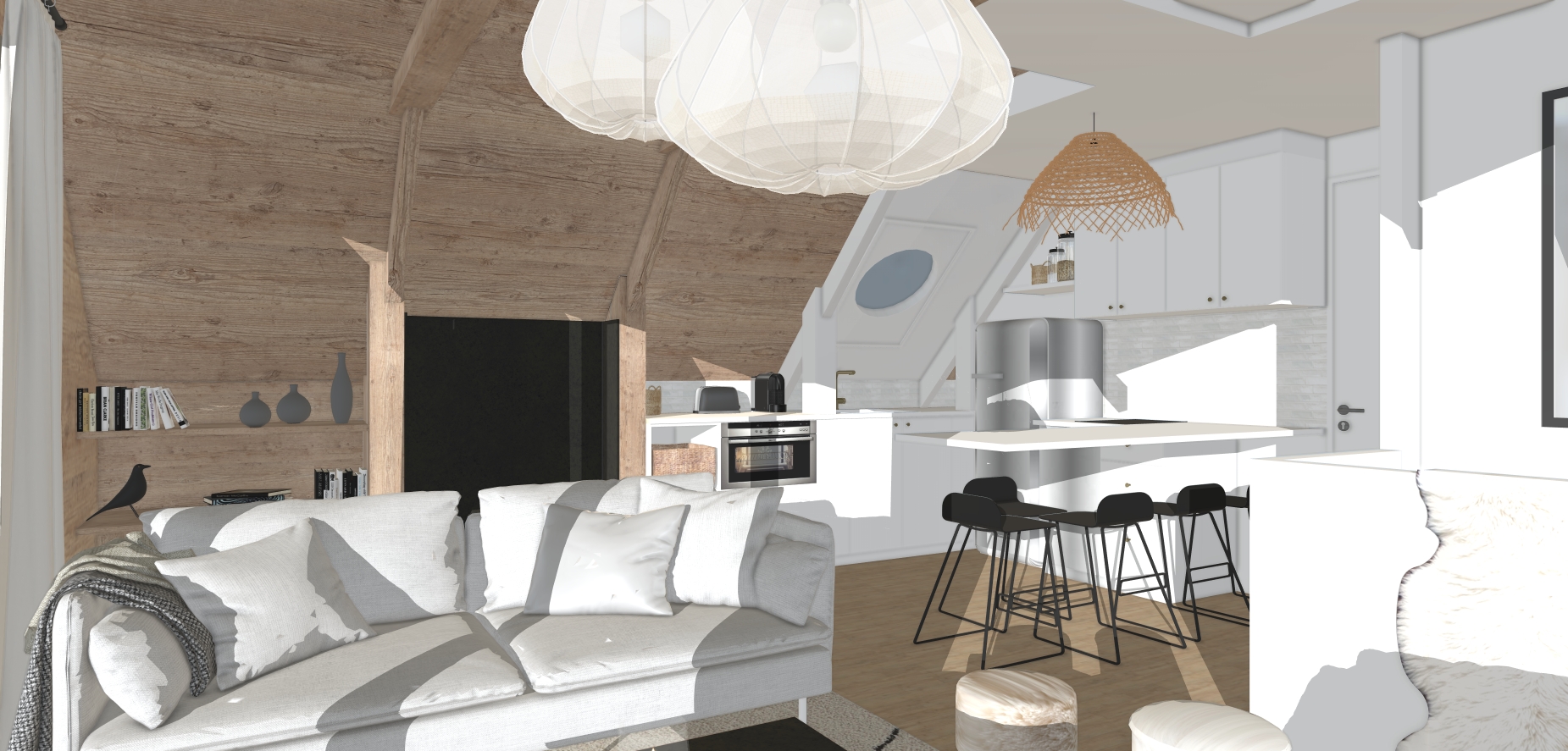 Visualisation 3D d’un projet de rénovation intérieure de chalet pour tester l’aménagement avant travaux