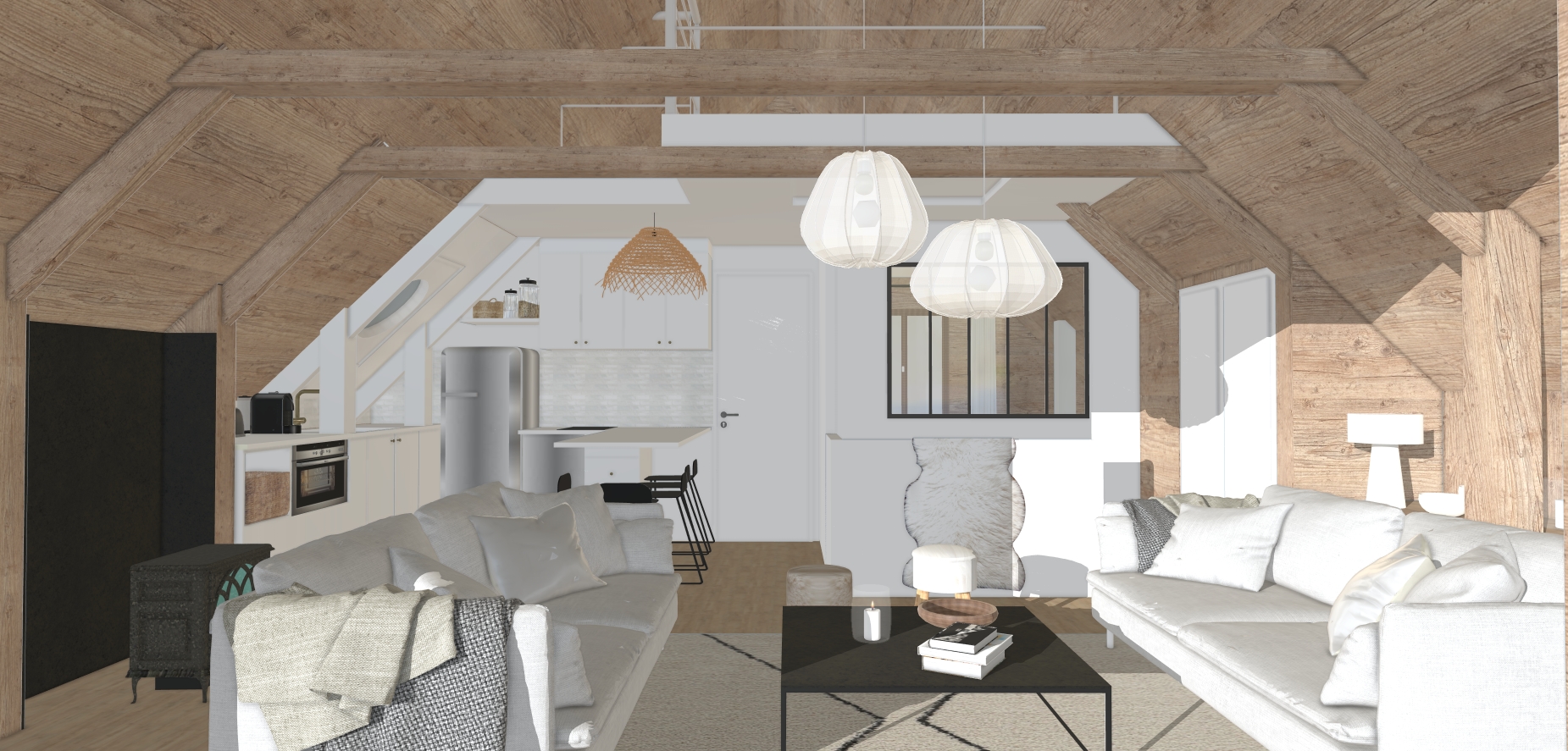 Rénovation d’une pièce à vivre de chalet avec bois clair, cuisine ouverte et salon lumineux