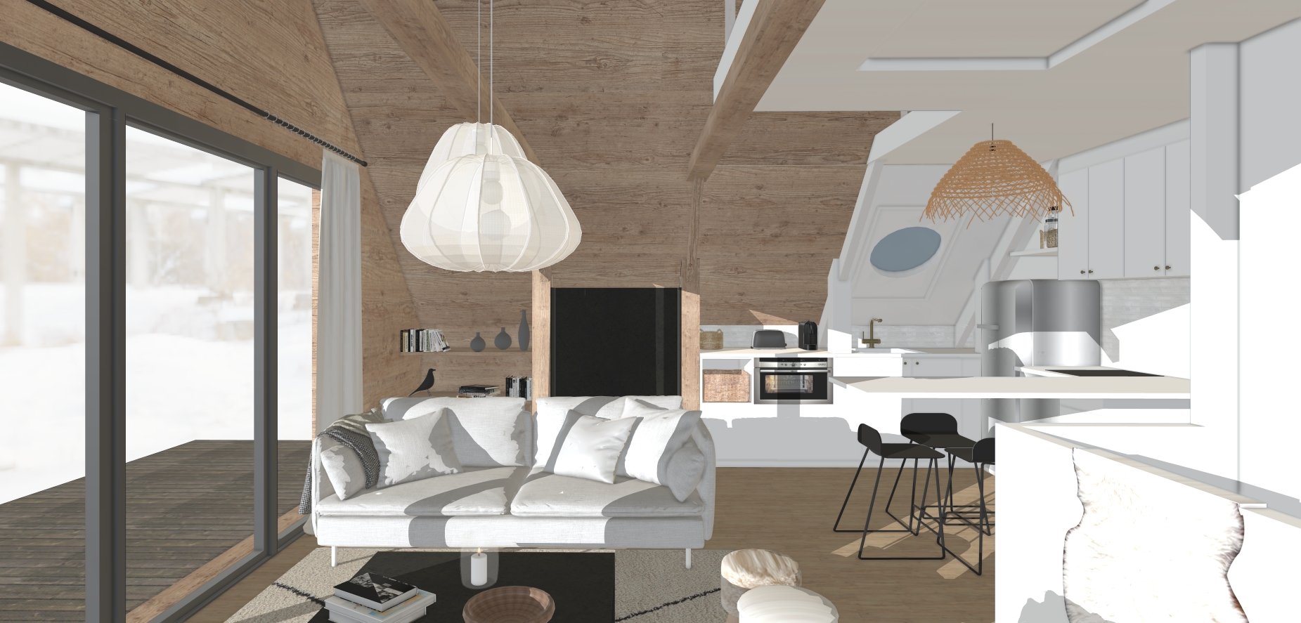 Projet 3D d’une cuisine ouverte agrandie dans un chalet avec îlot central, bois clair et pièce à vivre lumineuse
