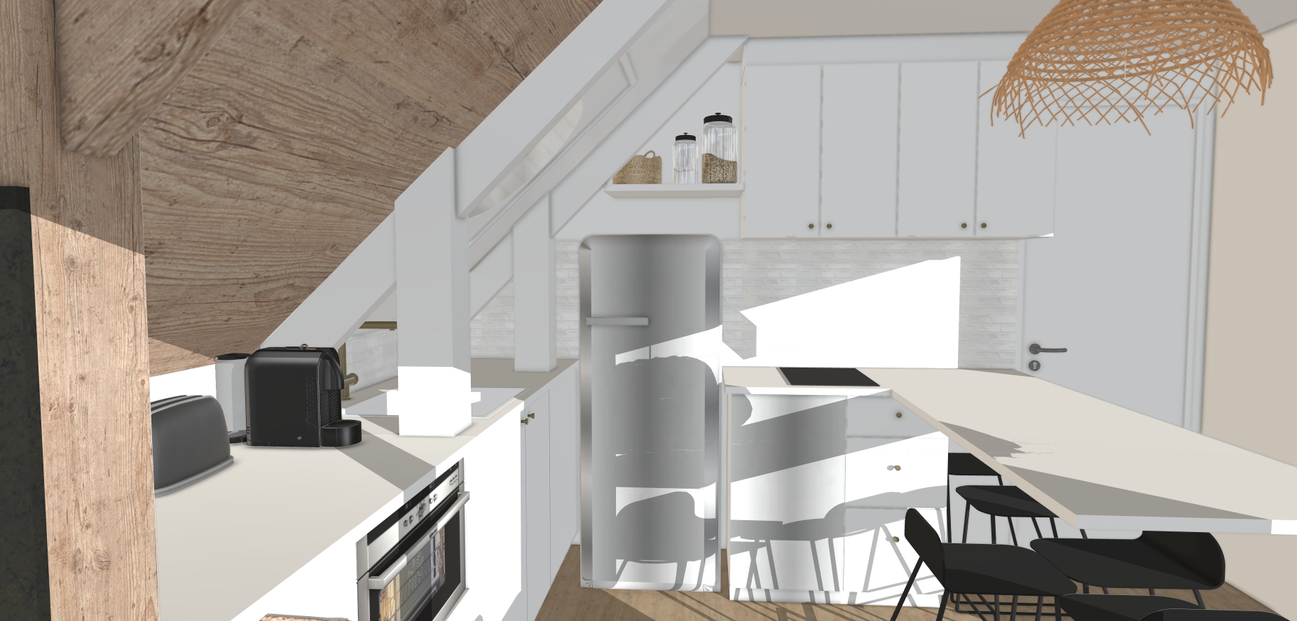 Projet SketchUp d’aménagement intérieur de chalet avec cuisine ouverte, îlot central et salon lumineux