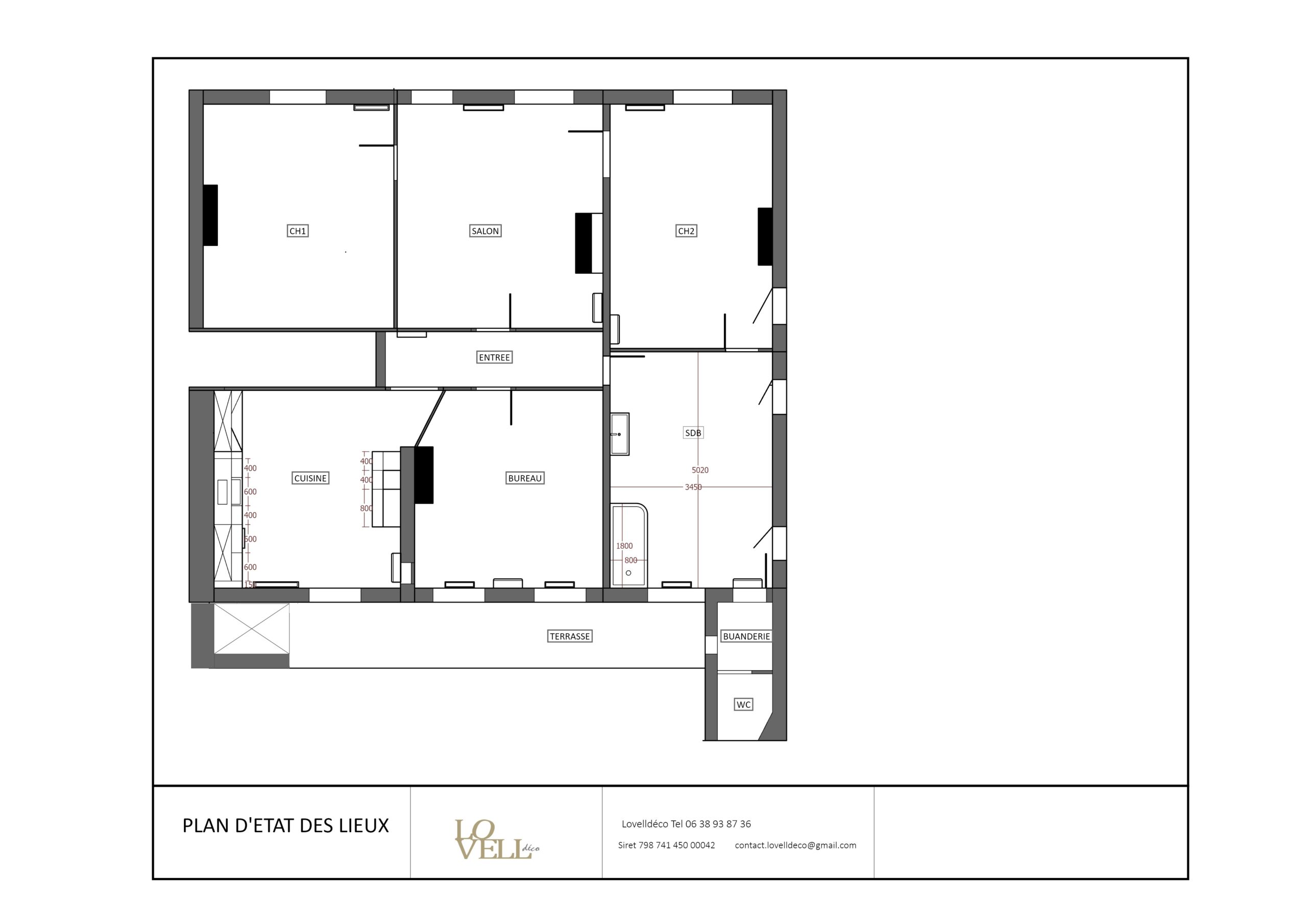 Plan d'état des lieux d'un appartement avant rénovation réalisé par une architecte d'intérieur à Béziers
