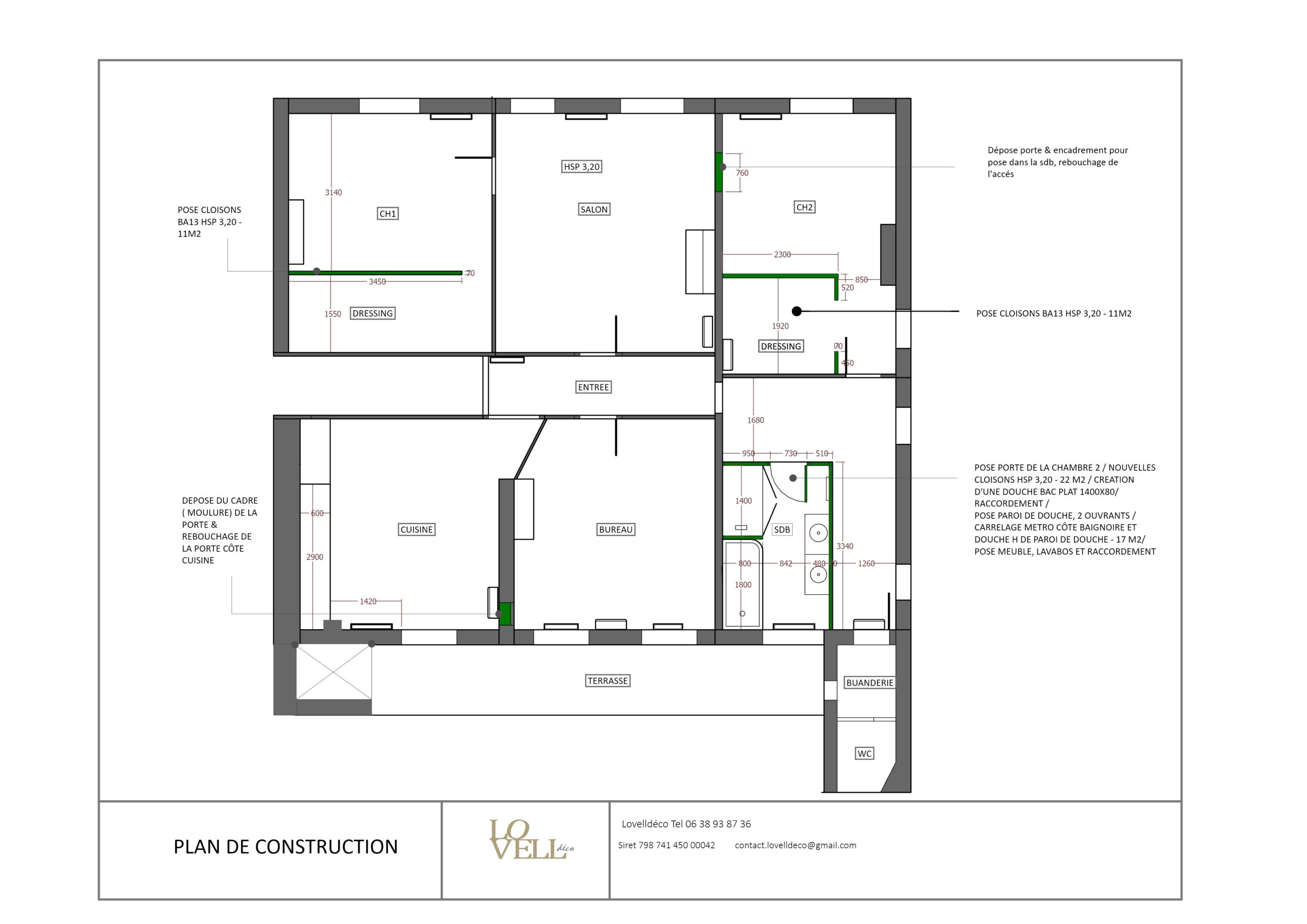 Plan de construction d'une suite parentale avec création de nouvelles cloisons