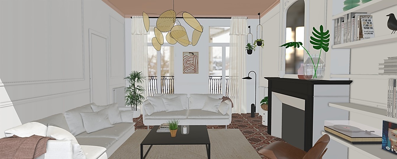 Vue 3D SketchUp d’un salon pour une formation perfectionnement à Montpellier dédiée aux architectes d’intérieur et décorateurs.