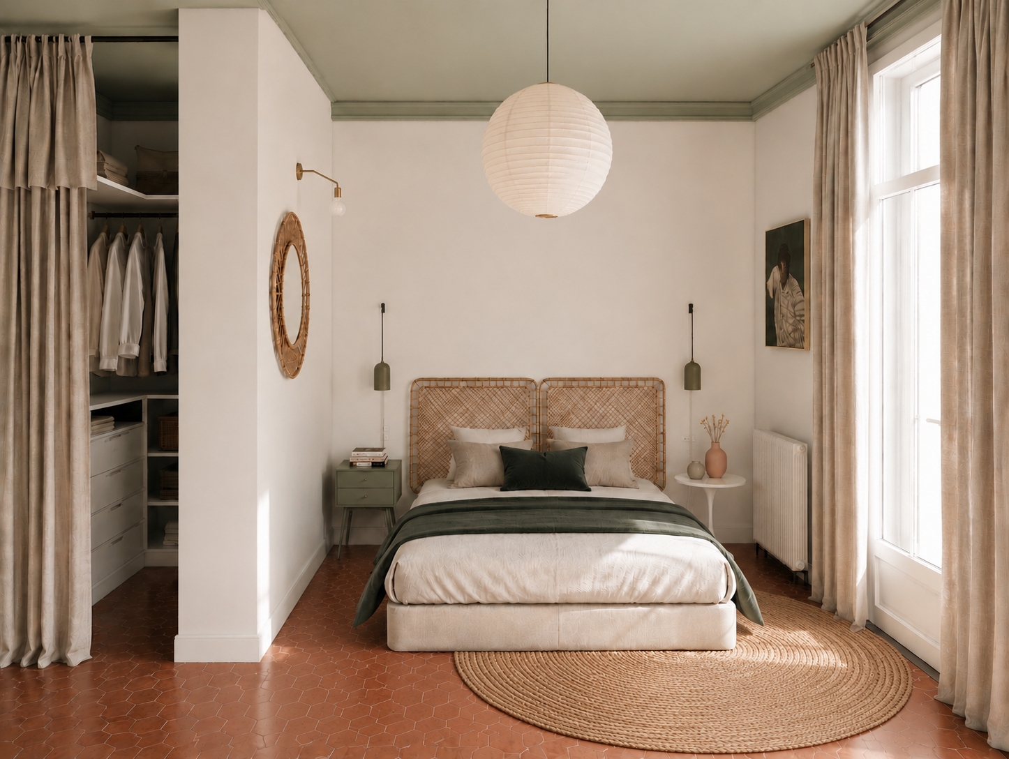 Perspective 3D photoréaliste d'une chambre parentale avec dressing ouvert, tête de lit en bois, plafond vert de gris et décoration d'inspiration scandinave, conçue par Lovell Déco.