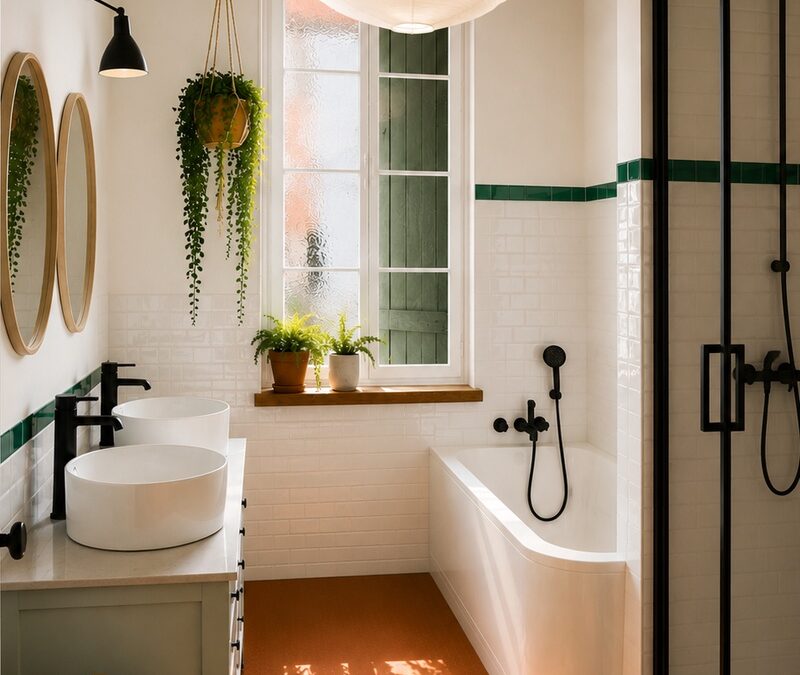 Salle de bains rénovée avec baignoire, douche à l'italienne, meuble vasque vert sauge, carrelage métro blanc et frise vert émeraude, réalisée par Lovell Déco.