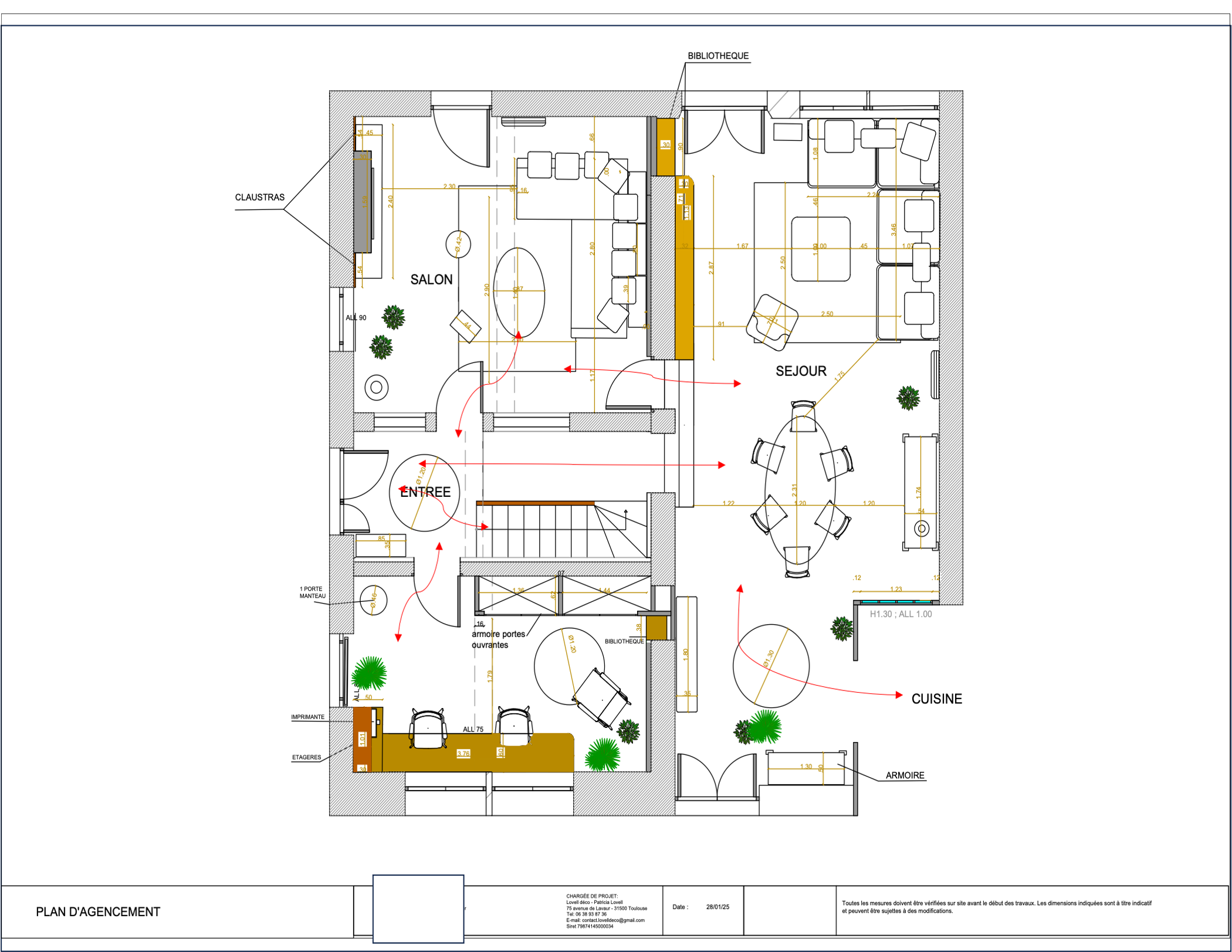 Plan d’aménagement intérieur d’une maison avec mobilier et circulations