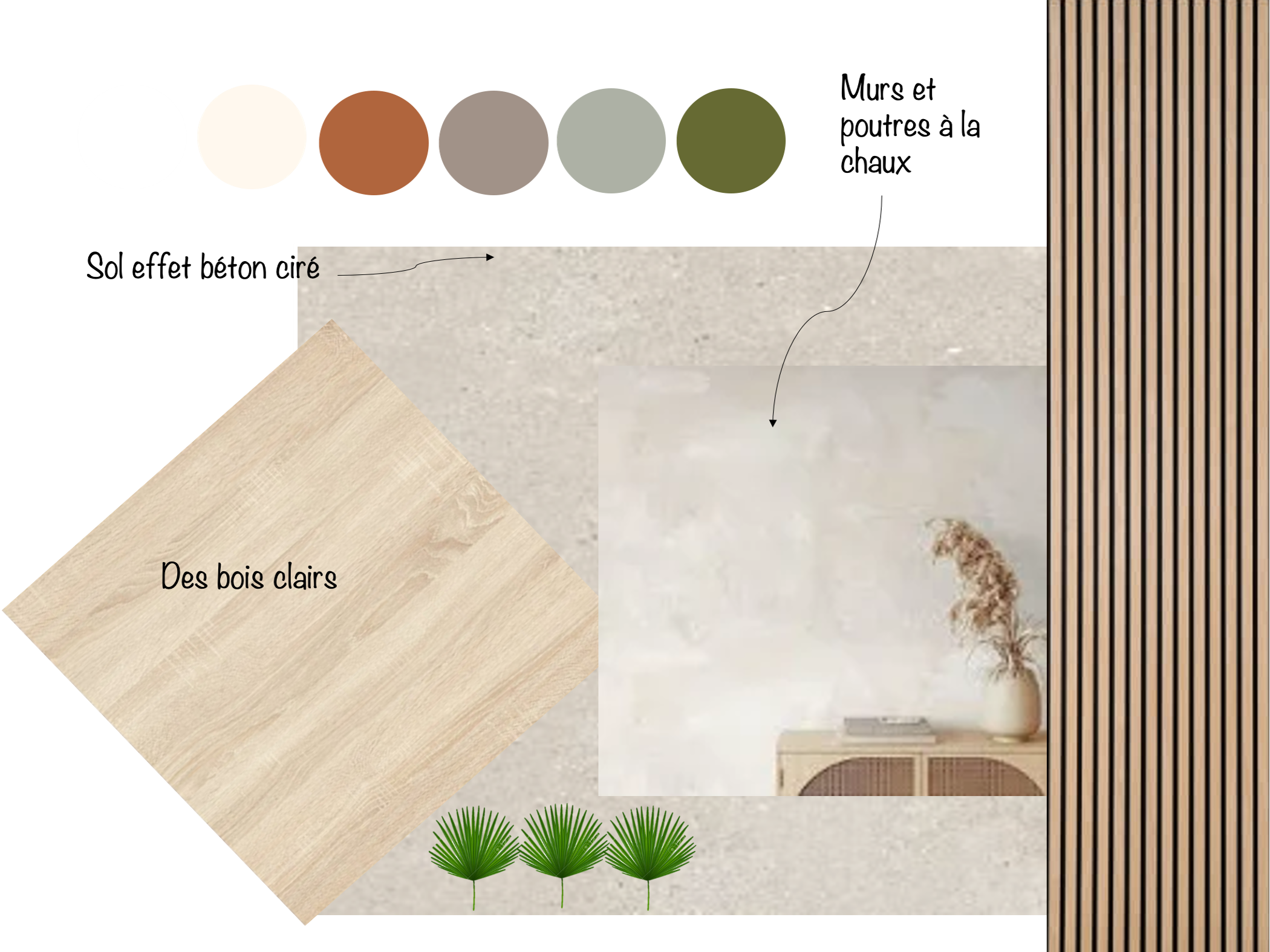 Planche d’ambiance décoration avec bois clair couleurs naturelles et touches végétales