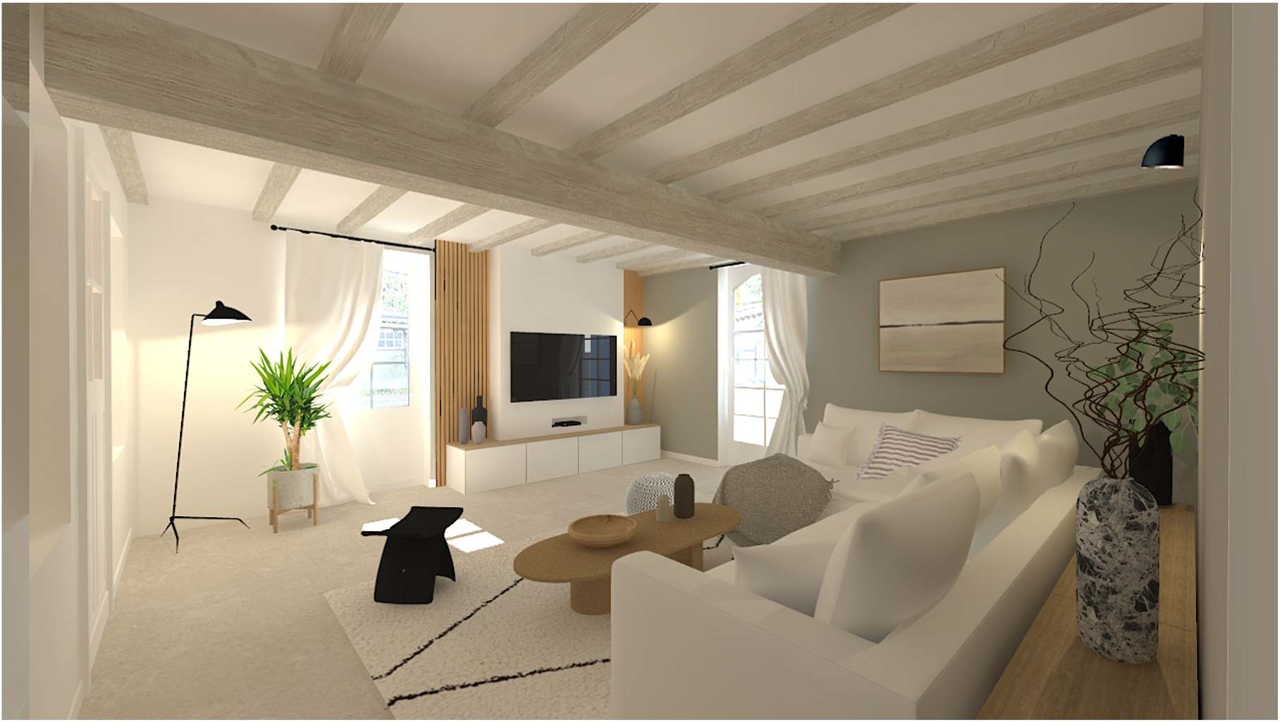 Vue 3D photoréaliste d’un projet d’aménagement intérieur de séjour réalisé avec SketchUp