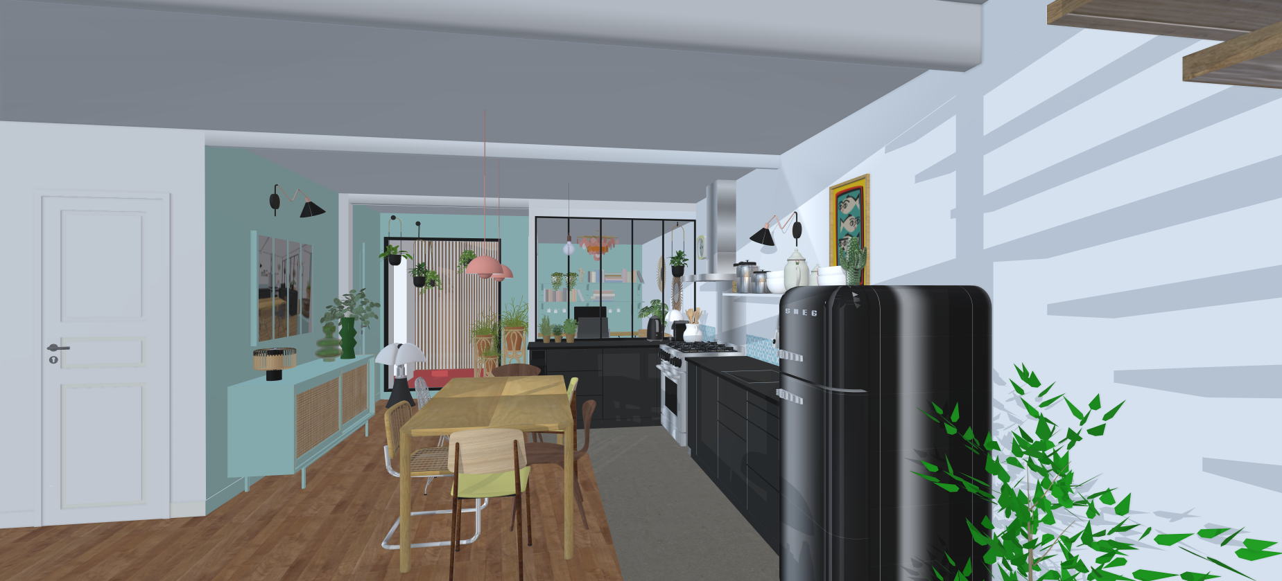 Visualisation 3D SketchUp d'un intérieur avec mobilier pour aider le client à se projeter