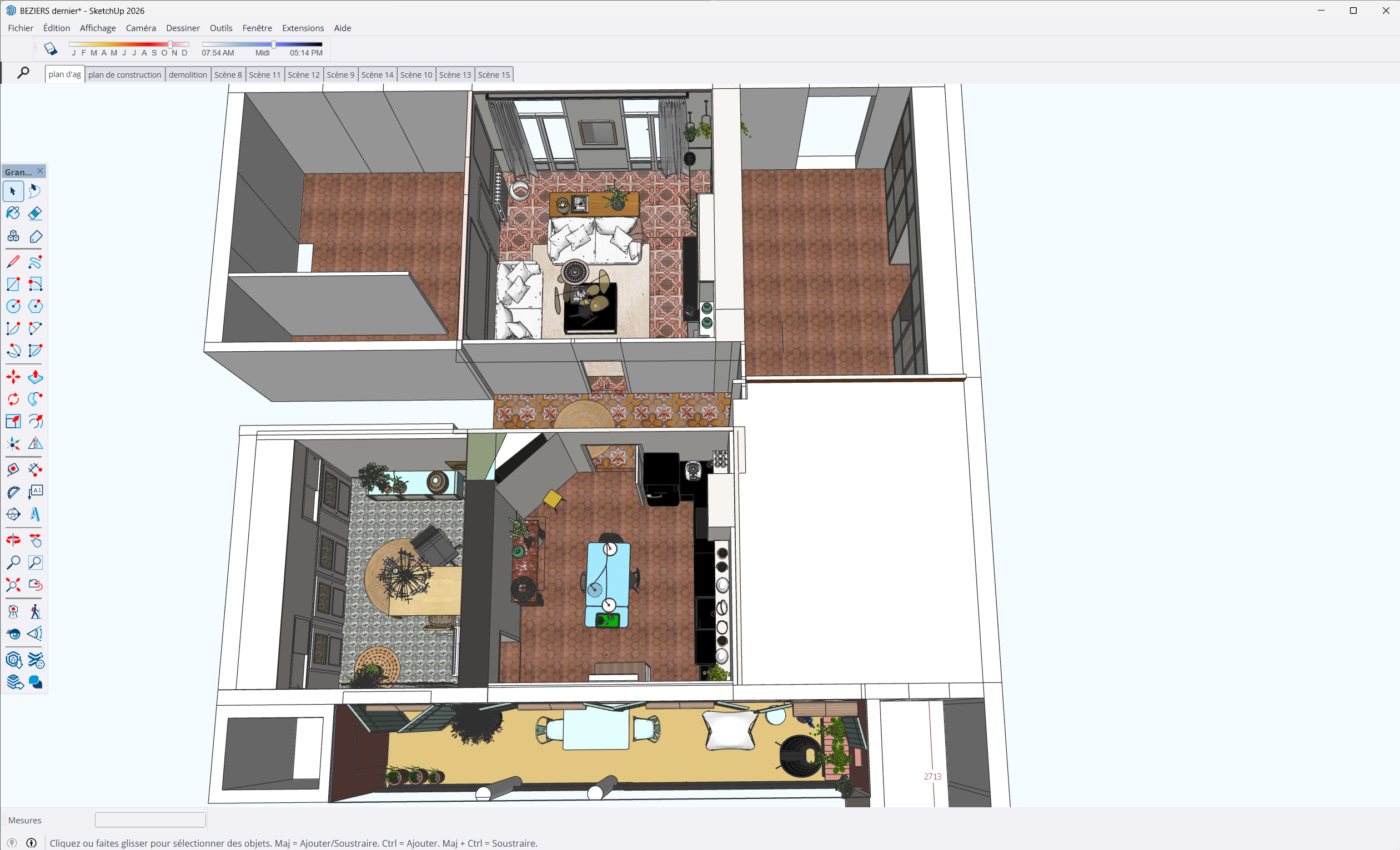 Mise en volume du plan 2D SketchUp avec choix des matières et du mobilier