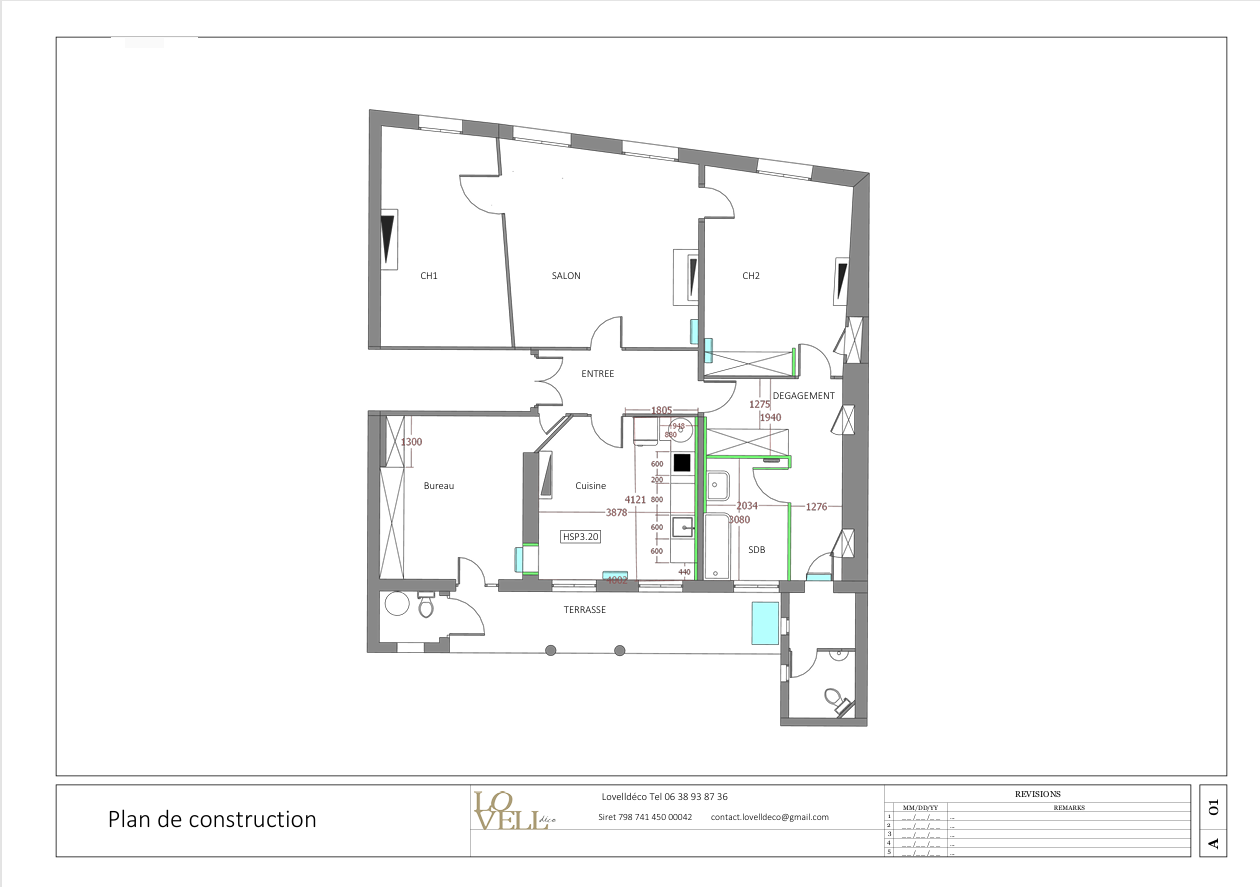Plan 2D SketchUp de construction : Déplacement de la cuisine, création de l'ouverture, suppression des radiateurs