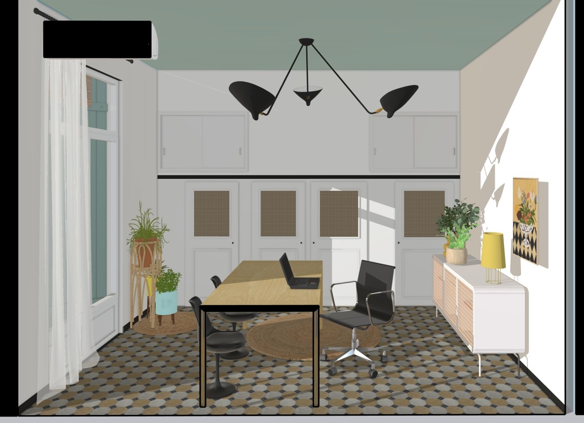 Bureau modélisé dans SketchUp avec plafond vert doux, sol ancien à motifs, table de travail et placards intégrés.