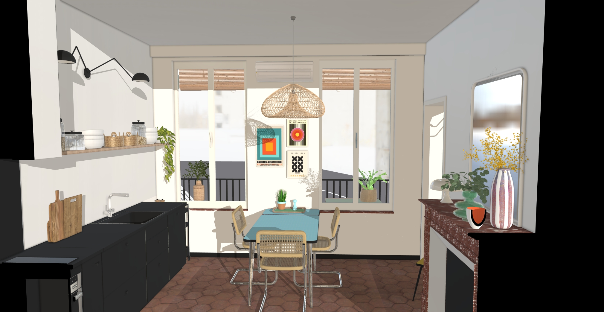  Vue SketchUp de la cuisine vers les fenêtres, avec meubles noirs, table turquoise, suspension tressée et tomettes.