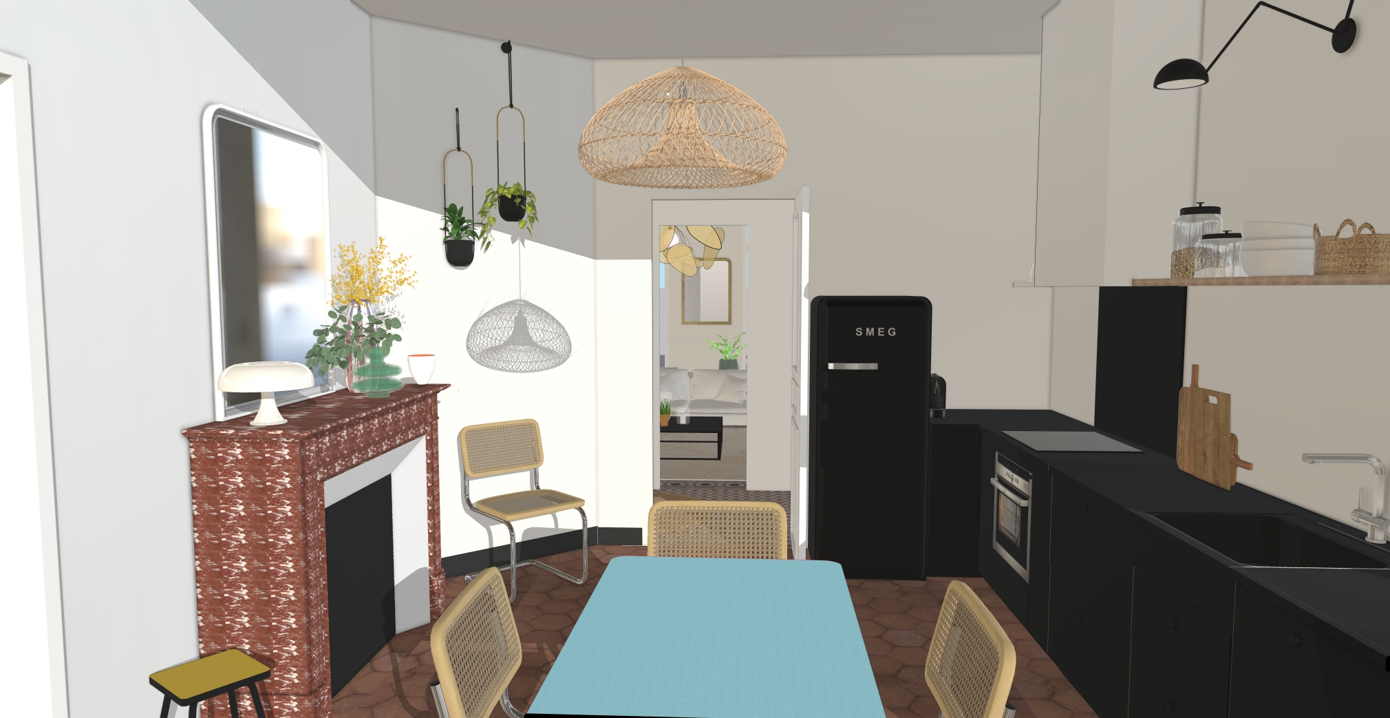 Vue 3D SketchUp d’une cuisine avec meubles noirs, cheminée ancienne, table turquoise et porte vers le salon.